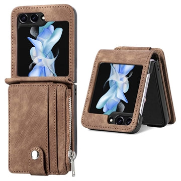 Samsung Galaxy Z Flip5 Retro Belagt Cover med Pung - Brun