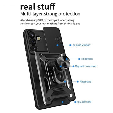 Samsung Galaxy S26 Roterende Ring Hybrid Cover med Kameraskjold - Sort