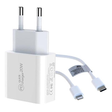 Saii 20W PD Oplader og Lightning Kabel - EU-stik - Hvid
