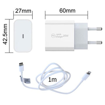 Saii 20W PD Oplader og Lightning Kabel - EU-stik - Hvid