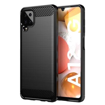 Samsung Galaxy A12 Børstet TPU Cover - Karbonfiber - Sort