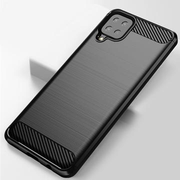 Samsung Galaxy A12 Børstet TPU Cover - Karbonfiber - Sort