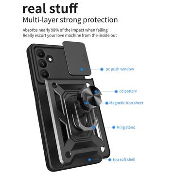 Samsung Galaxy A15 Roterende Ring Hybrid Cover med Kameraskjold - Sort