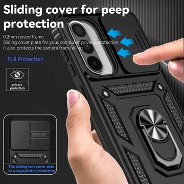 Samsung Galaxy A36 Roterende Ring Hybrid Cover med Kameraskjold - Sort