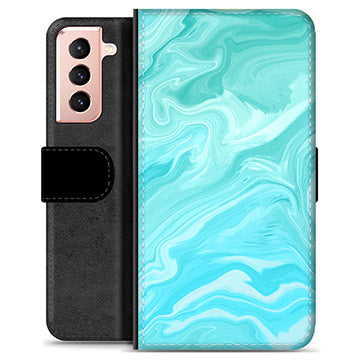 Samsung Galaxy S21 5G Premium Flip Cover med Pung - Blå Marmor