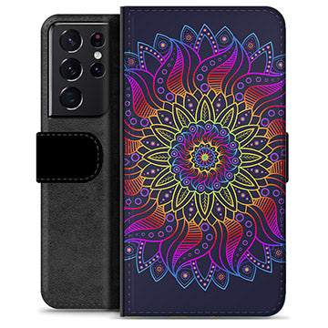 Samsung Galaxy S21 Ultra 5G Premium Flip Cover med Pung - Farverig Mandala