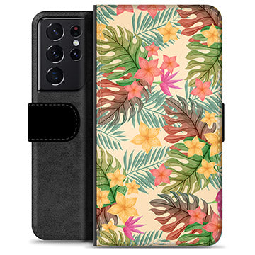 Samsung Galaxy S21 Ultra 5G Premium Flip Cover med Pung - Lyserøde Blomster