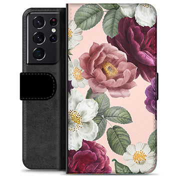 Samsung Galaxy S21 Ultra 5G Premium Flip Cover med Pung - Romantiske Blomster