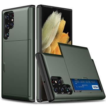 Samsung Galaxy S22 Ultra 5G Hybrid Cover med Glidende Kortslot - Army Grøn