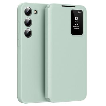 Samsung Galaxy S23 Smart Clear View Flip etui med kortplads - Lysegrøn