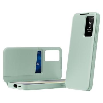Samsung Galaxy S23 Smart Clear View Flip etui med kortplads - Lysegrøn