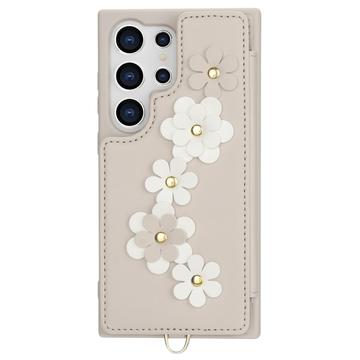 Samsung Galaxy S24 Ultra Blomsterdekoration Cover med Rem - Beige