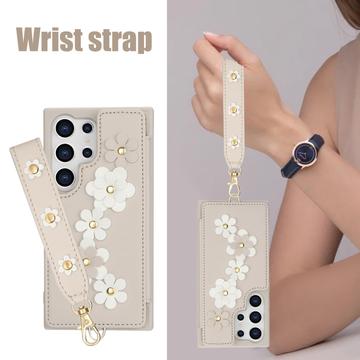 Samsung Galaxy S24 Ultra Blomsterdekoration Cover med Rem - Beige