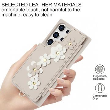 Samsung Galaxy S24 Ultra Blomsterdekoration Cover med Rem - Beige
