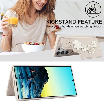 Samsung Galaxy S24 Ultra Blomsterdekoration Cover med Rem - Beige