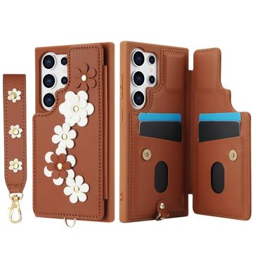 Samsung Galaxy S24 Ultra Blomsterdekoration Cover med Rem - Brun
