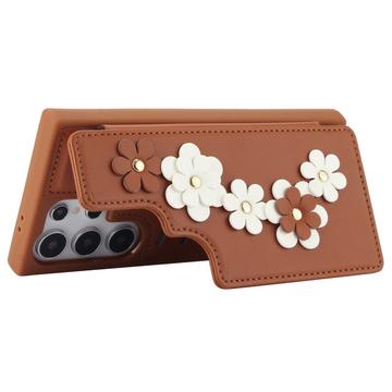 Samsung Galaxy S24 Ultra Blomsterdekoration Cover med Rem - Brun