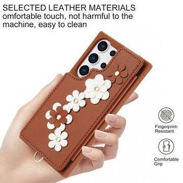 Samsung Galaxy S24 Ultra Blomsterdekoration Cover med Rem - Brun