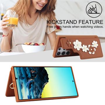 Samsung Galaxy S24 Ultra Blomsterdekoration Cover med Rem - Brun