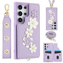 Samsung Galaxy S24 Ultra Blomsterdekoration Cover med Rem - Lilla