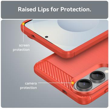 Samsung Galaxy S25 Edge Børstet TPU Cover - Karbonfiber - Rød