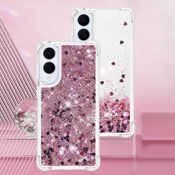 Samsung Galaxy S25 Edge Glitter Quicksand TPU Cover - Rosaguld hjerter