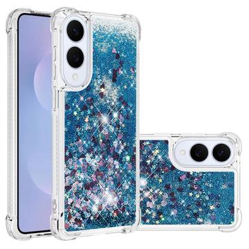 Samsung Galaxy S25 Edge Glitter Quicksand TPU Cover - Blå hjerter