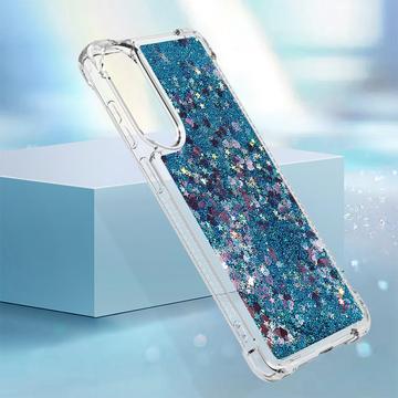 Samsung Galaxy S25 Edge Glitter Quicksand TPU Cover - Blå hjerter