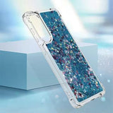 Samsung Galaxy S25 Edge Glitter Quicksand TPU Cover - Blå hjerter