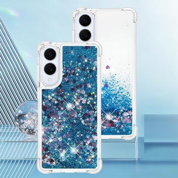 Samsung Galaxy S25 Edge Glitter Quicksand TPU Cover - Blå hjerter