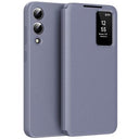 Samsung Galaxy S25 Edge Smart Clear View Flip etui med kortplads - grå-lilla