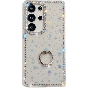 Samsung Galaxy S25 Ultra CrystalGlow Hybrid Cover med Ringholder - stjerner / gennemsigtig
