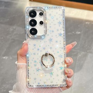 Samsung Galaxy S25 Ultra CrystalGlow Hybrid Cover med Ringholder - stjerner / gennemsigtig