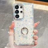 Samsung Galaxy S25 Ultra CrystalGlow Hybrid Cover med Ringholder - stjerner / gennemsigtig