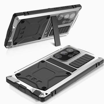 Samsung Galaxy S25 Ultra R-Just Premium-etui med kickstand og skærmbeskytter i hærdet glas - Sølv