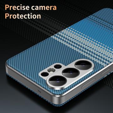 Samsung Galaxy S26 Ultra Smart View-klapetui med ternet mønster og kortholder - Blå