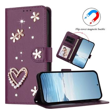 Samsung Galaxy S26 Ultra-pungetui med hjerter og blomster - mørk lilla