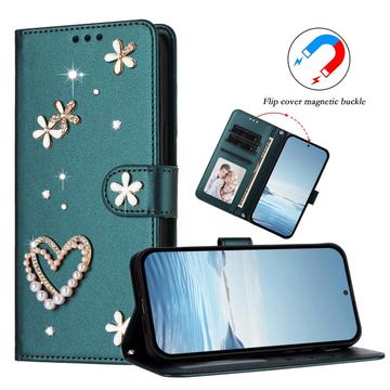 Samsung Galaxy S26 Ultra-pungetui med hjerter og blomster - grøn