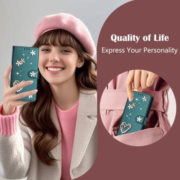 Samsung Galaxy S26 Ultra-pungetui med hjerter og blomster - grøn