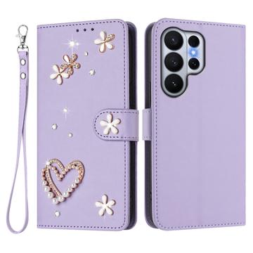 Samsung Galaxy S26 Ultra-pungetui med hjerter og blomster - lys lilla