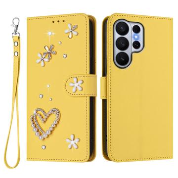 Samsung Galaxy S26 Ultra-pungetui med hjerter og blomster - gul