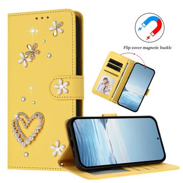 Samsung Galaxy S26 Ultra-pungetui med hjerter og blomster - gul