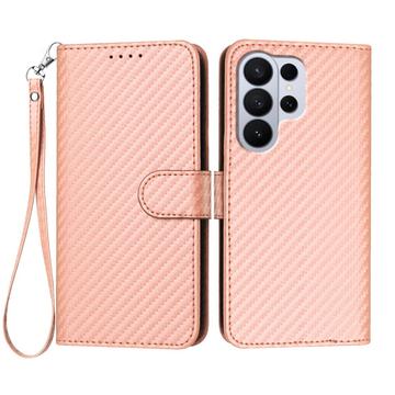 Samsung Galaxy S26 Ultra Premium Wallet-etui med rem - kulfiberstruktur - Kulstoflyserød