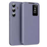 Samsung Galaxy S26+ Smart Clear View Flip etui med kortplads - grå-lilla