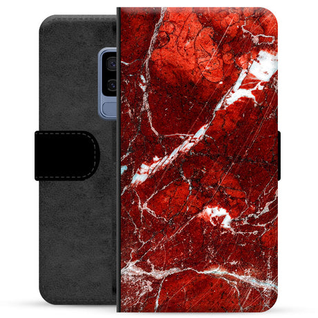 Samsung Galaxy S9+ Premium Flip Cover med Pung - Rød Marmor