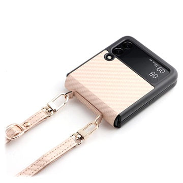Samsung Galaxy Z Flip3 5G Cover med Rem - Karbonfiber - Guld