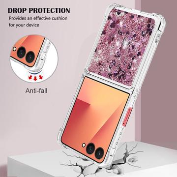 Samsung Galaxy Z Flip7 Glitter Quicksand TPU Cover - Rosaguld hjerter
