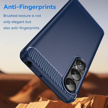 Sony Xperia 1 VII Børstet TPU Cover - Karbonfiber - blå
