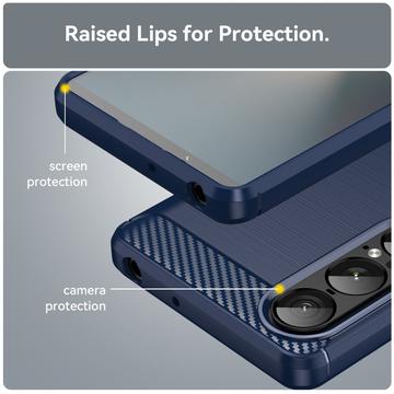 Sony Xperia 1 VII Børstet TPU Cover - Karbonfiber - blå