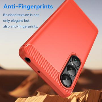 Sony Xperia 1 VII Børstet TPU Cover - Karbonfiber - rød